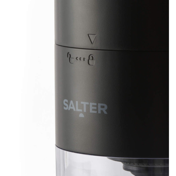 Close-up of black Salter electric grinder showing lock symbols and logo