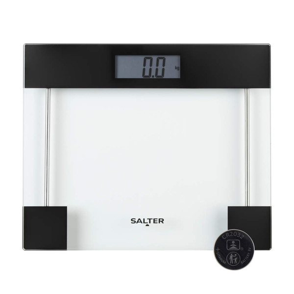 Digital bathroom scale with clear glass platform and black trim, LCD display shows 0.0 kg