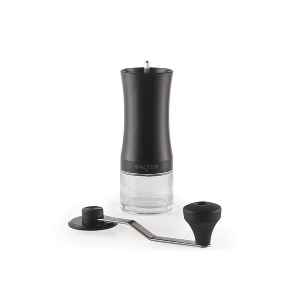 Black manual coffee grinder with removable handle, Salter branding, product image.