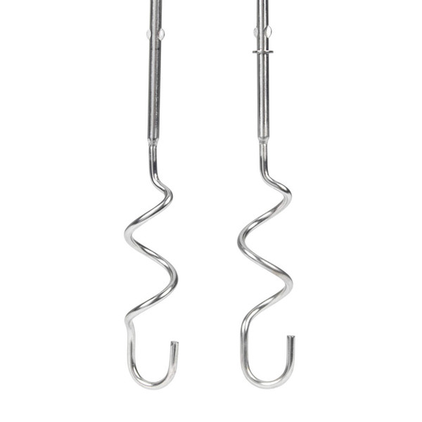 Pair of stainless steel dough hooks for electric hand mixer, shown on white background