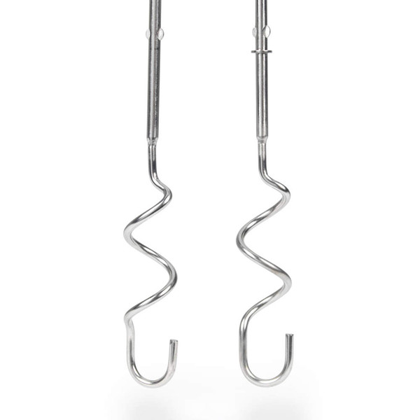 Pair of stainless steel dough hooks for electric hand mixer, shown on white background