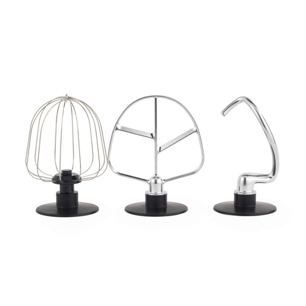 Set of three stand mixer attachments: whisk, beater and dough hook on white background