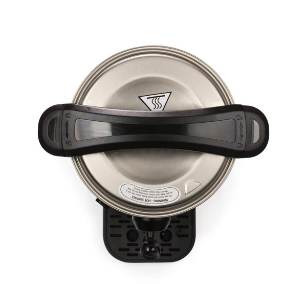 Stainless steel electric soup kettle, top view with locked black handle