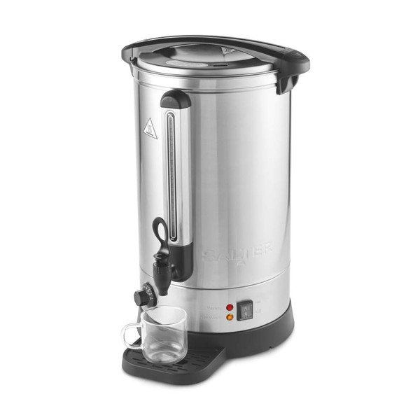 Stainless steel hot water urn with tap and clear glass cup, shown on countertop