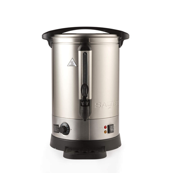 Stainless steel hot water urn with black lid and tap, shown from the front.