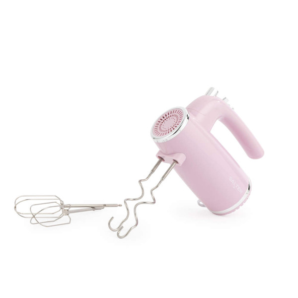 Pink hand mixer with beaters and dough hooks attachments shown