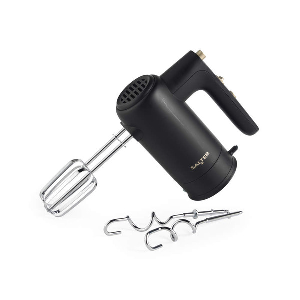 Black and gold hand mixer with two beaters and two dough hooks, Salter brand.