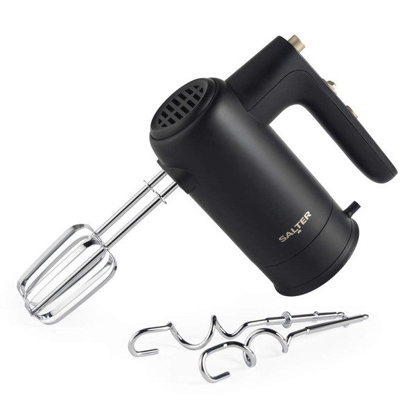 Black and gold hand mixer with two beaters and two dough hooks, Salter brand.