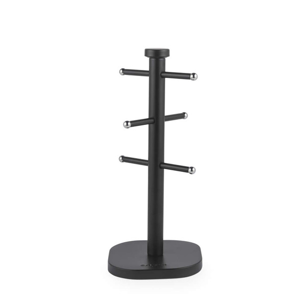 Black metal mug tree holder with chrome accents, for kitchen countertop storage.