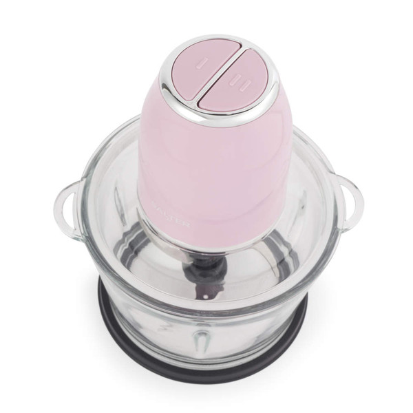 Pink electric food chopper with glass bowl, top view