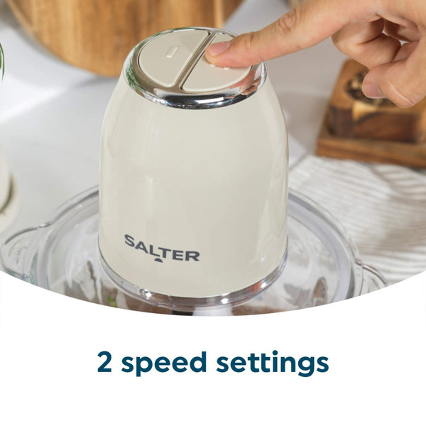 Cream Salter retro food chopper in box, shows 500W power and 1.2L capacity