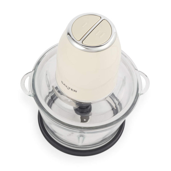 Food processor blade assembly with black plastic centre and two silver metal blades, shown upright