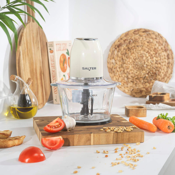 Food processor blade assembly with black plastic centre and two silver metal blades, shown upright