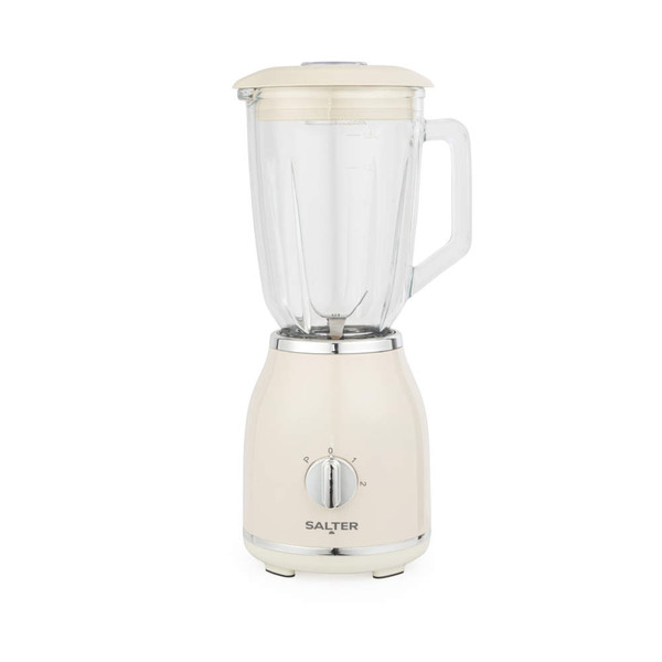 Cream jug blender with glass jug and Salter branding, shown from the front.