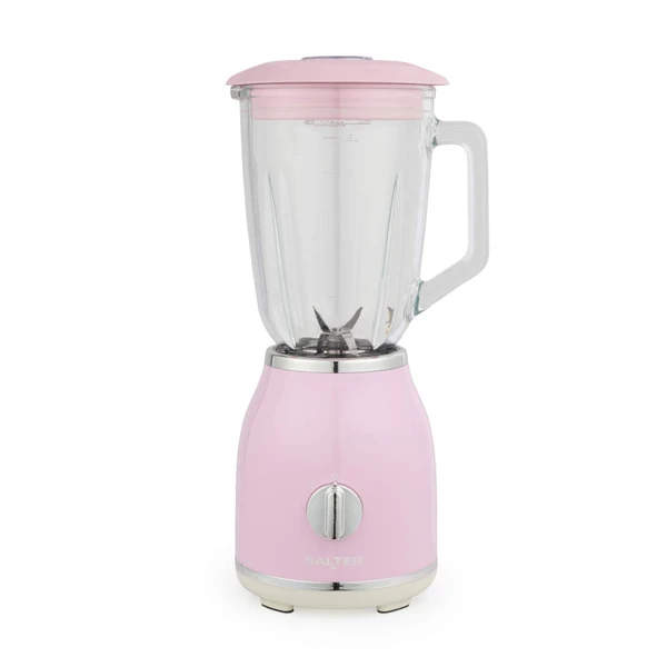 Pink Salter countertop blender with glass jug, shown upright for product listing.