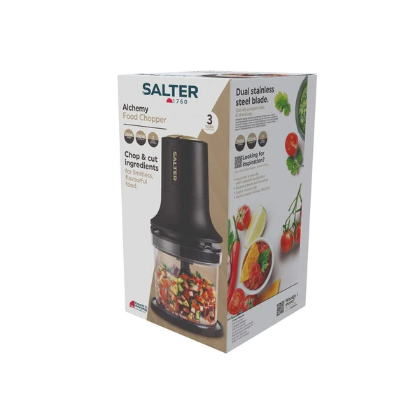 Salter Alchemy food chopper in black and gold, boxed retail packaging
