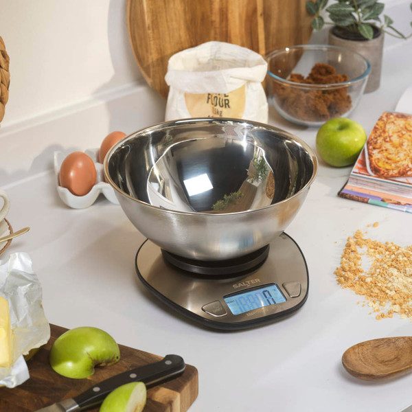 Salter stainless steel bowl kitchen scale in retail packaging, front view