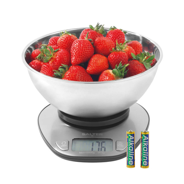 Digital kitchen scale with bowl of fresh strawberries and batteries included