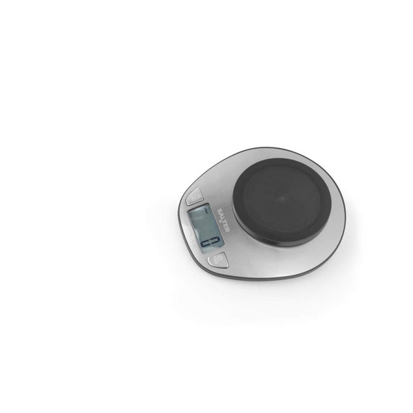 Digital kitchen scale, silver with black platform, LCD display shows zero