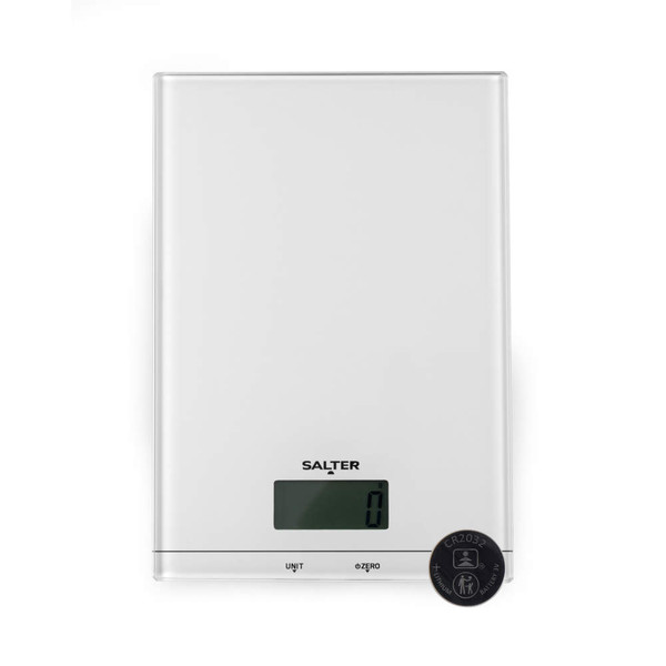 White digital kitchen scale with LCD display, showing zero, Salter branding.