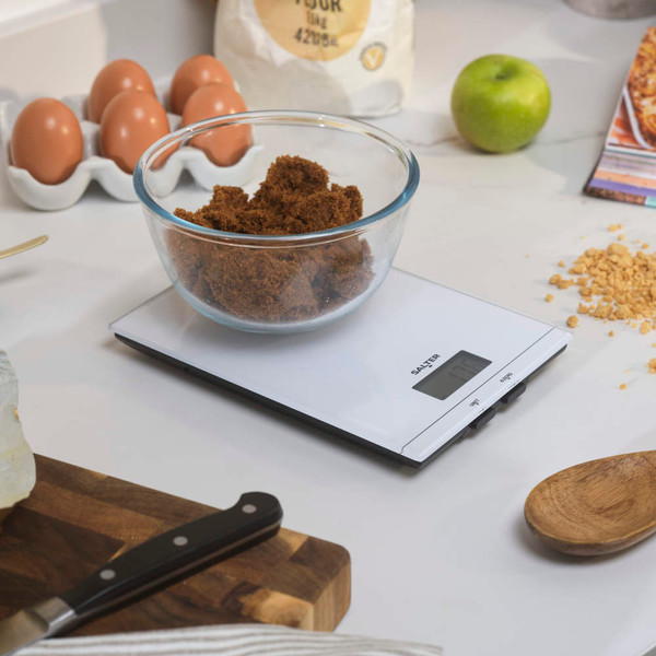 Salter electronic kitchen scale in white, boxed, for weighing ingredients and liquids