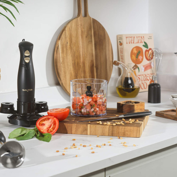Black and gold hand blender handle showing power and turbo buttons