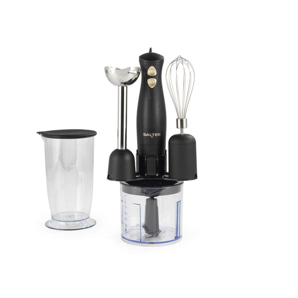 Salter black and gold hand blender set with whisk, chopper, and jug attachments