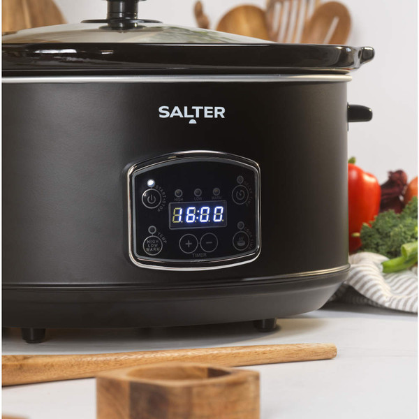 Black digital slow cooker with timer, shown on kitchen counter