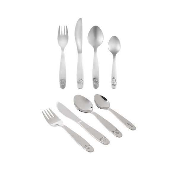 Children’s stainless steel cutlery set with animal engravings, four pieces shown.