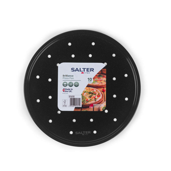 Black perforated pizza pan with Salter packaging, shown flat, for UK market