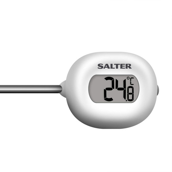 Digital cooking thermometer with LCD display, showing 24.8°C, white body.