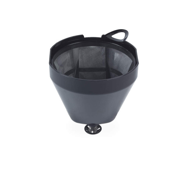 Reusable black mesh coffee filter basket with handle, shown upright