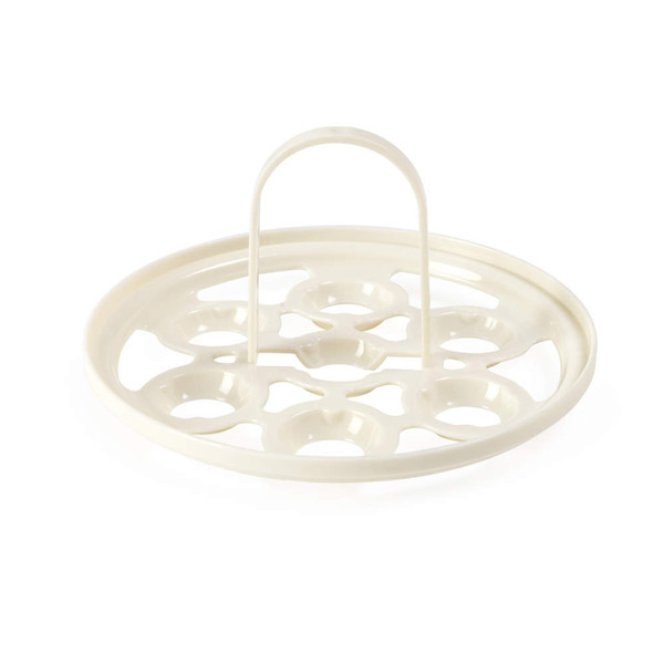 Cream plastic egg poacher rack with handle, shown empty on white background