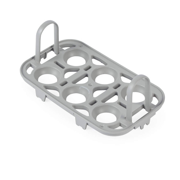 Grey plastic egg rack for six eggs, shown empty from angled view