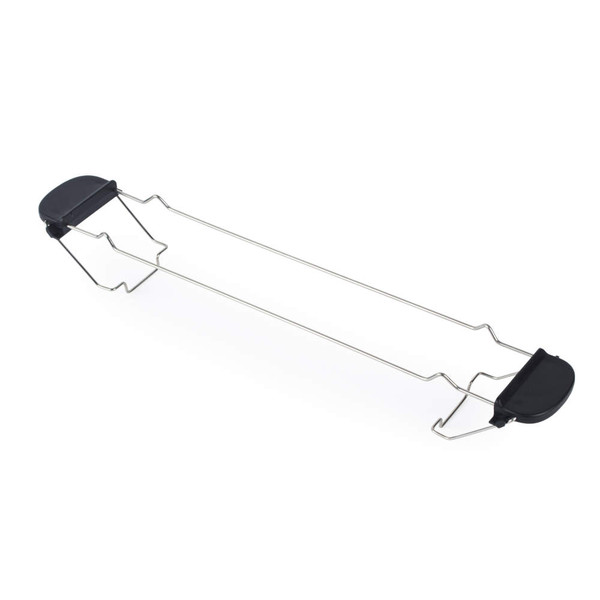 Stainless steel toaster rack with black handles, shown on white background.