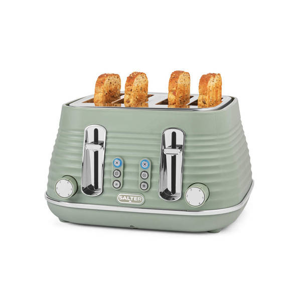 Sage green 4-slice toaster with chrome controls, shown toasting seeded bread.