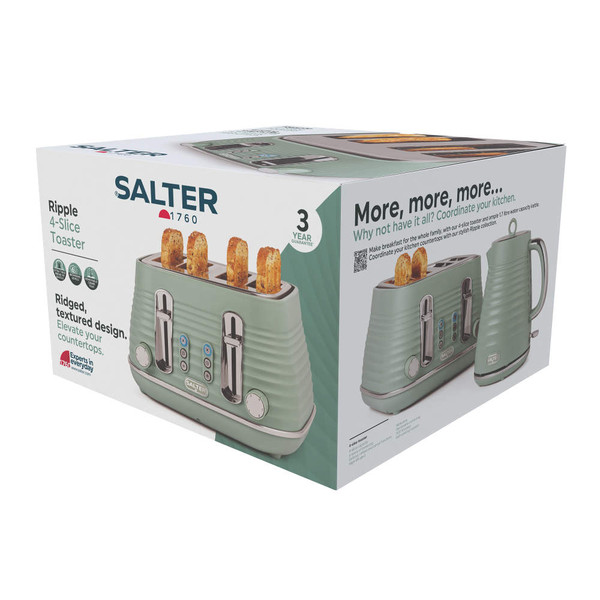 Salter Ripple 4-slice sage green toaster box, showing textured design and product image