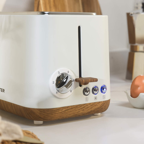 2-slice white toaster with wood effect trim, side view