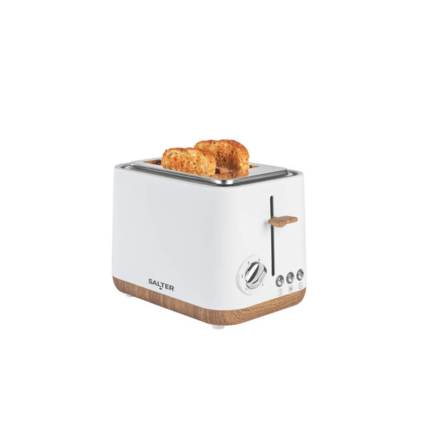 White two-slice toaster with wood effect trim, toasting seeded bread, side view