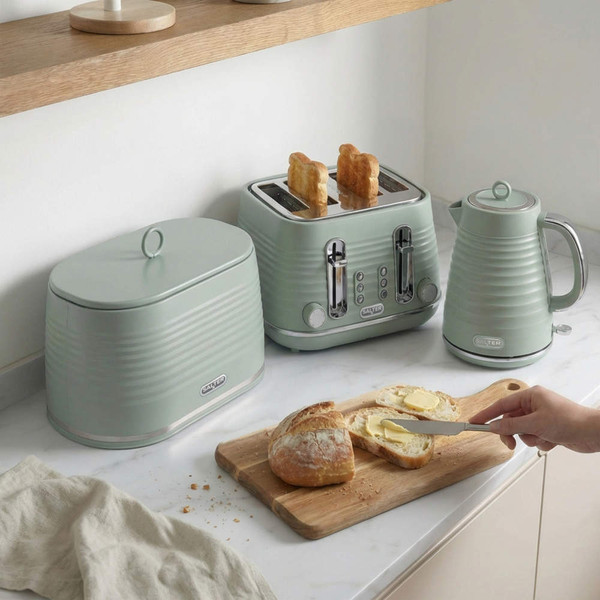 Sage green ribbed electric kettle with chrome handle, side water window