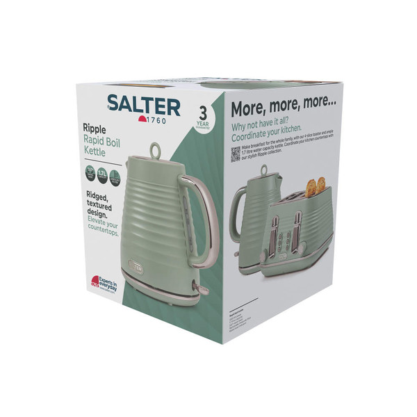 Salter Ripple rapid boil kettle box, showing sage green ridged kettle with 1.7L capacity.