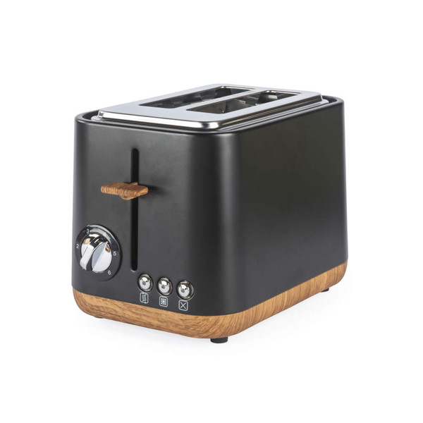 Black two-slice toaster with wood-effect trim and dial, shown angled on white background