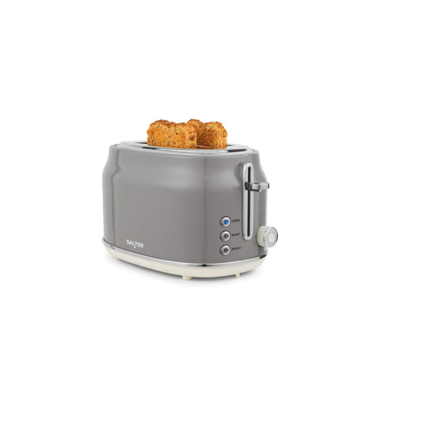 Grey Salter 2-slice toaster with bread, shown at a side angle