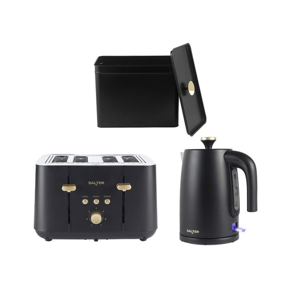 Black kettle, 4-slice toaster, and bread bin set with gold accents, front view.