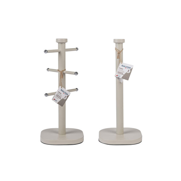 Cream mug tree and towel holder set, Salter brand, shown on white background.