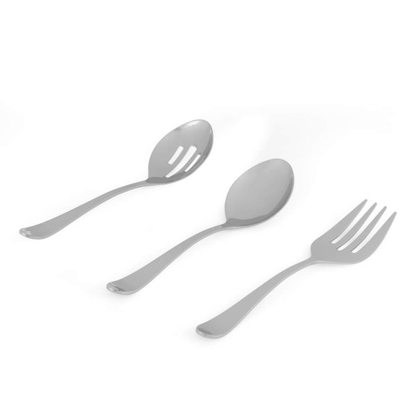 Set of three silver serving utensils: solid spoon, slotted spoon, and serving fork