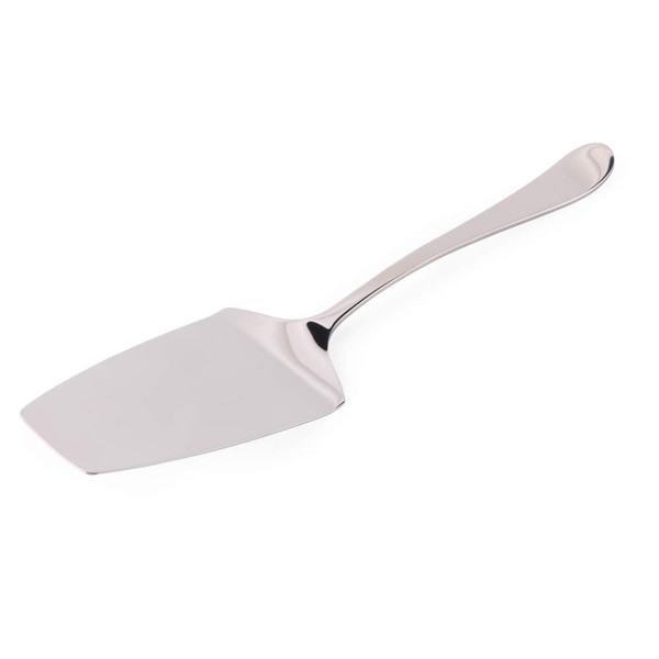 Silver cake slice with flat blade and curved handle on white background