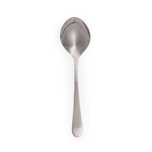 Silver stainless steel ladle shown on white background