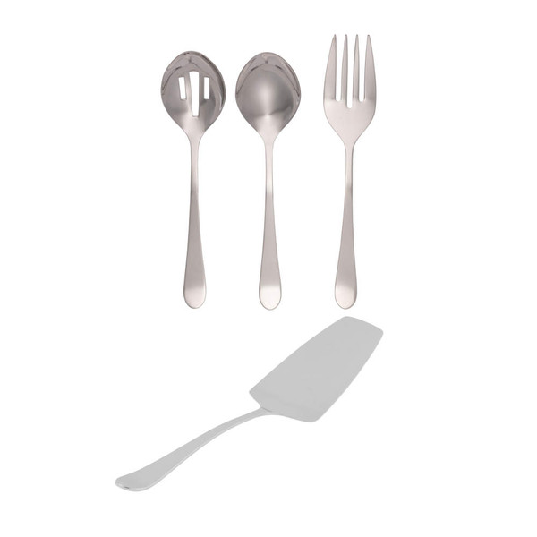 Set of stainless steel serving utensils: slotted spoon, solid spoon, serving fork, and cake server.