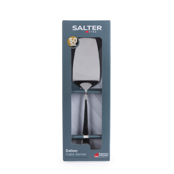 Silver cake server in Salter Dalton branded box, front view, showing 50 year guarantee badge.